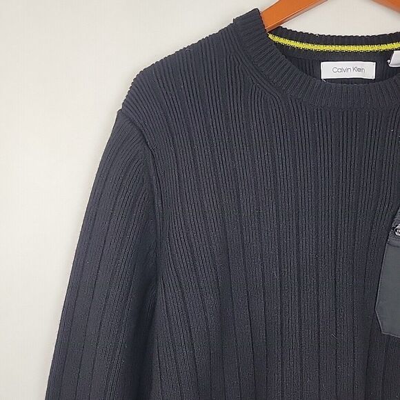 Calvin Klein Sweater Mens Large Slim Fit Black Wool Blend Ribbed Commando Crew - Picture 5 of 12